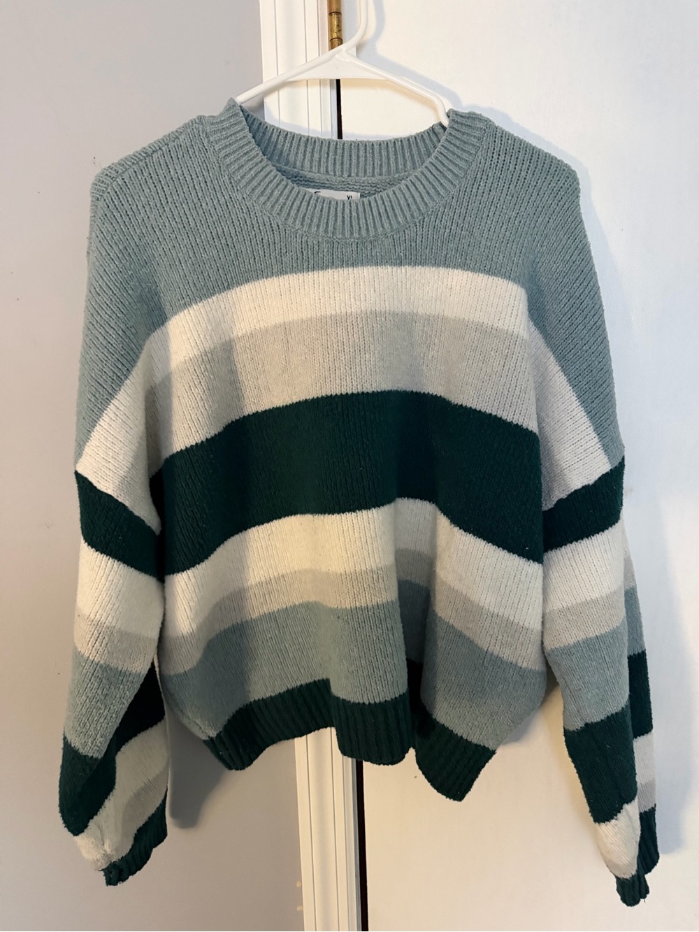 Hollister Sage, Cream & Dark Green Striped Crewneck Sweater
